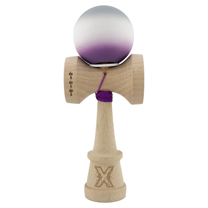 Kendama X Originala, Profesionala, Klevo, Rubber Grip, Cupe Mari KING SIZE V3, Gaura in Baza, Rulment Metalic, din lemn 18 cm, Ata 62/65 cm, Gradient Gri/Alb/Mov