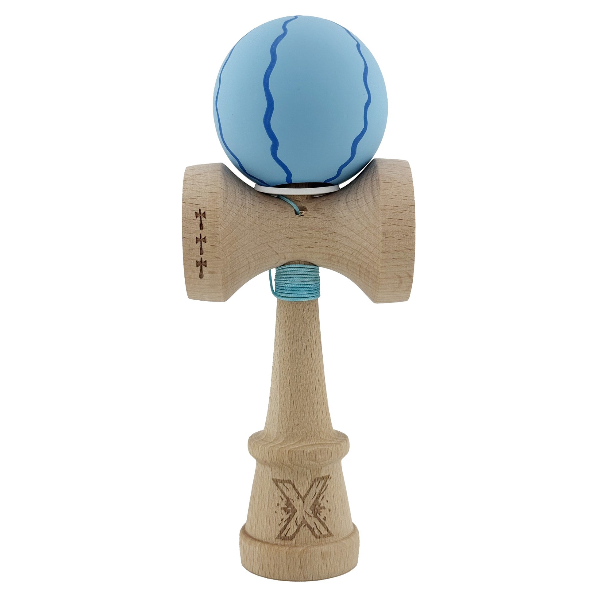 Kendama X Originala, Profesionala, Klevo, Rubber Grip, Cupe Mari KING SIZE V3, Gaura in Baza, Rulment Metalic, din lemn 18 cm, Ata 62/65 cm, Special Albastru deschis