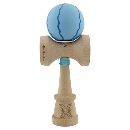 Kendama X Originala, Profesionala, Klevo, Rubber Grip, Cupe Mari KING SIZE V3, Gaura in Baza, Rulment Metalic, din lemn 18 cm, Ata 62/65 cm, Special Albastru deschis