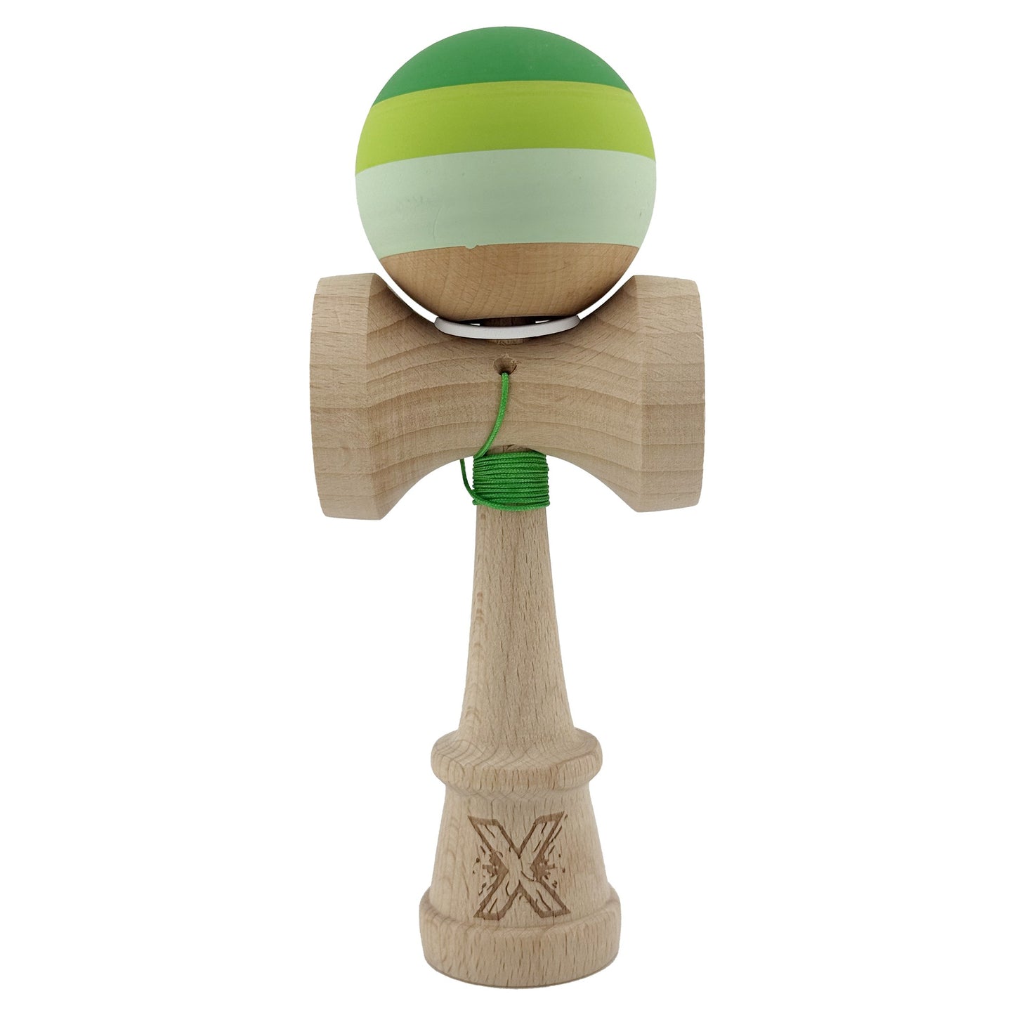 Kendama X Originala, Profesionala, Klevo, Rubber Grip, Cupe Mari KING SIZE V3, Gaura in Baza, Rulment Metalic, din lemn 18 cm, Ata 62/65 cm, Special Verde degrade