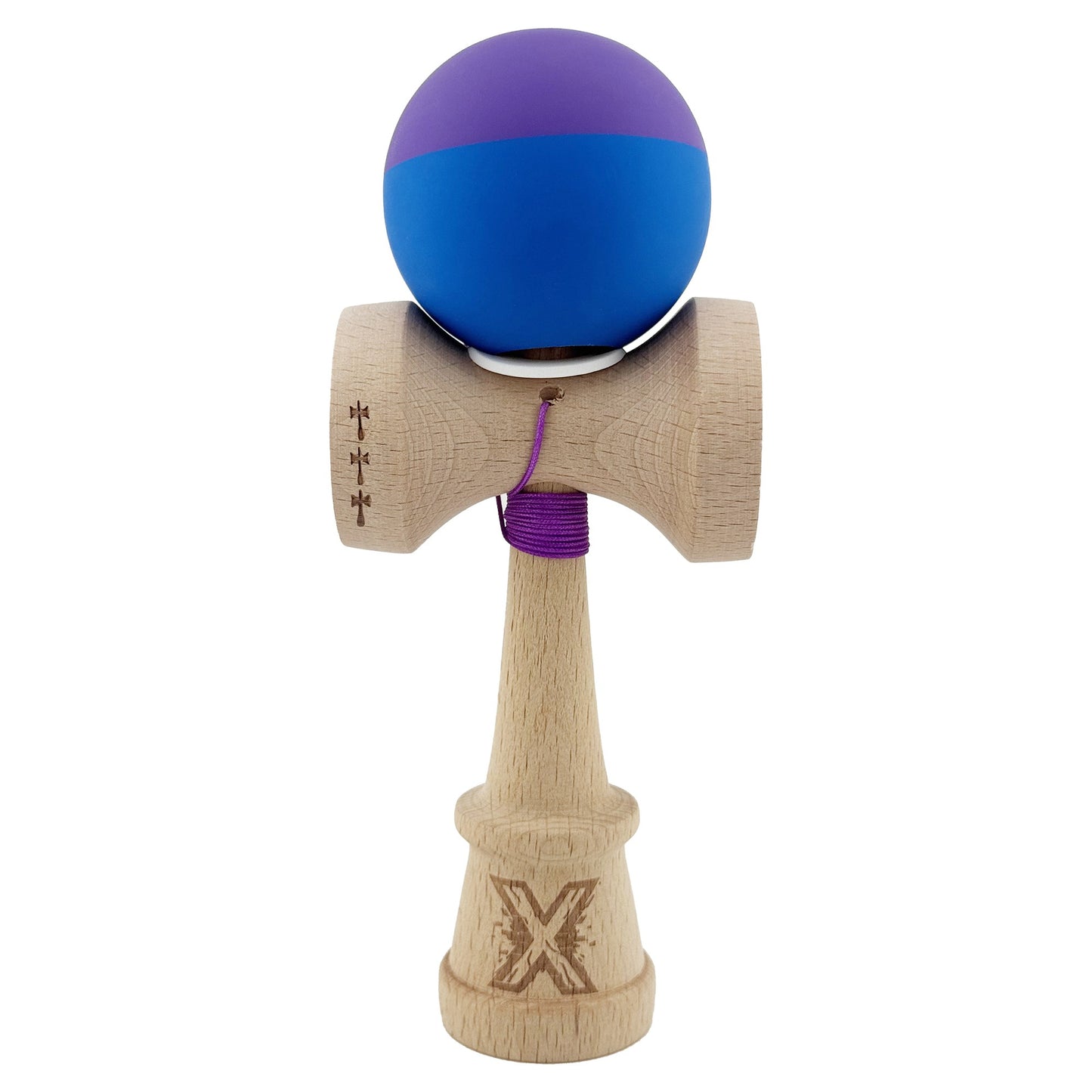 Kendama X Originala, Profesionala, Klevo, Rubber Grip, Cupe Mari KING SIZE V3, Gaura in Baza, Rulment Metalic, din lemn 18 cm, Ata 62/65 cm, Bicolor Mov/Albastru