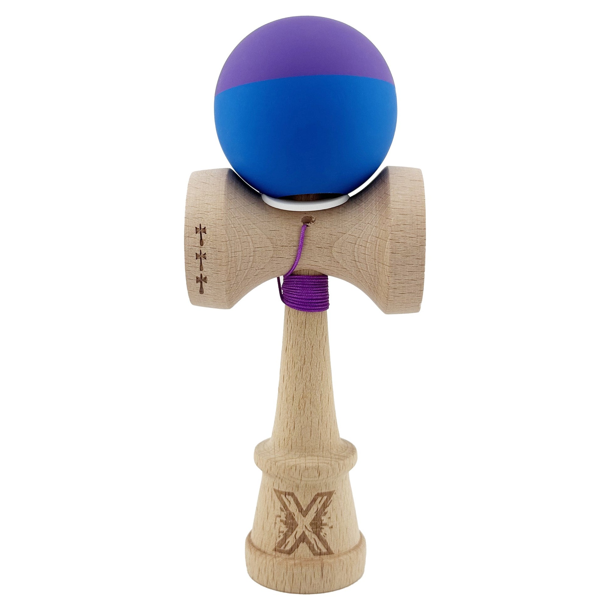Kendama X Originala, Profesionala, Klevo, Rubber Grip, Cupe Mari KING SIZE V3, Gaura in Baza, Rulment Metalic, din lemn 18 cm, Ata 62/65 cm, Bicolor Mov/Albastru