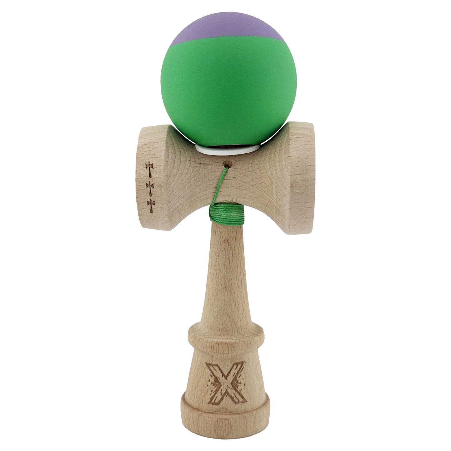 Kendama X Originala, Profesionala, Klevo, Rubber Grip, Cupe Mari KING SIZE V3, Gaura in Baza, Rulment Metalic, din lemn 18 cm, Ata 62/65 cm, Bicolor Mov/Verde