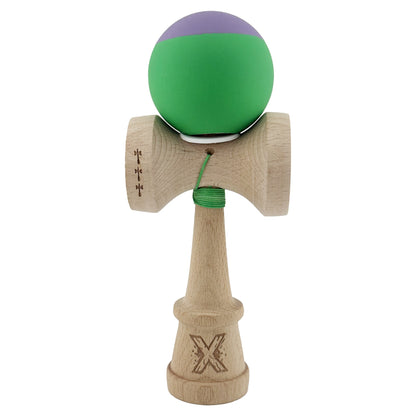 Kendama X Originala, Profesionala, Klevo, Rubber Grip, Cupe Mari KING SIZE V3, Gaura in Baza, Rulment Metalic, din lemn 18 cm, Ata 62/65 cm, Bicolor Mov/Verde