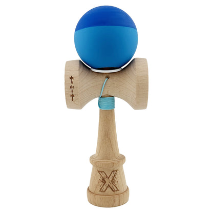Kendama X Originala, Profesionala, Klevo, Rubber Grip, Cupe Mari KING SIZE V3, Gaura in Baza, Rulment Metalic, din lemn 18 cm, Ata 62/65 cm, Bicolor Albastru/Albastru deschis