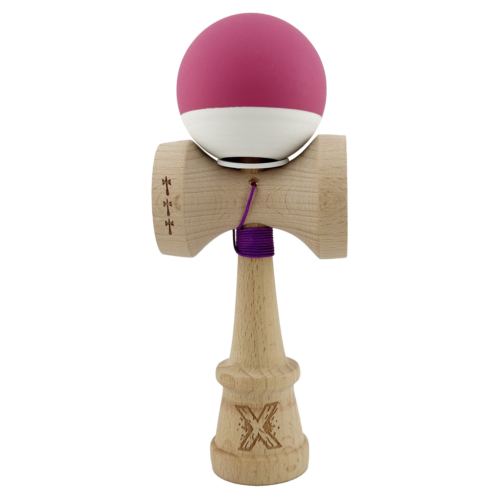 Kendama X Originala, Profesionala, Klevo, Rubber Grip, Cupe Mari KING SIZE V3, Gaura in Baza, Rulment Metalic, din lemn 18 cm, Ata 62/65 cm, Bicolor Roz inchis/Alb