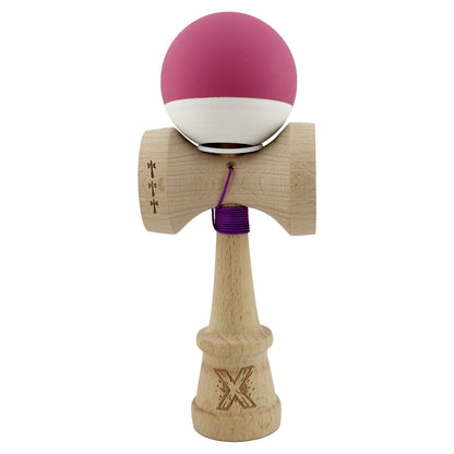 Kendama X Originala, Profesionala, Klevo, Rubber Grip, Cupe Mari KING SIZE V3, Gaura in Baza, Rulment Metalic, din lemn 18 cm, Ata 62/65 cm, Bicolor Roz inchis/Alb
