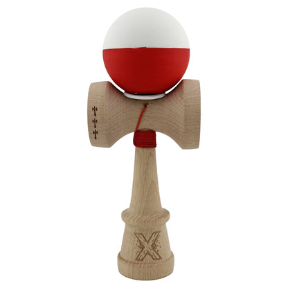 Kendama X Originala, Profesionala, Klevo, Rubber Grip, Cupe Mari KING SIZE V3, Gaura in Baza, Rulment Metalic, din lemn 18 cm, Ata 62/65 cm, Bicolor Alb/Rosu