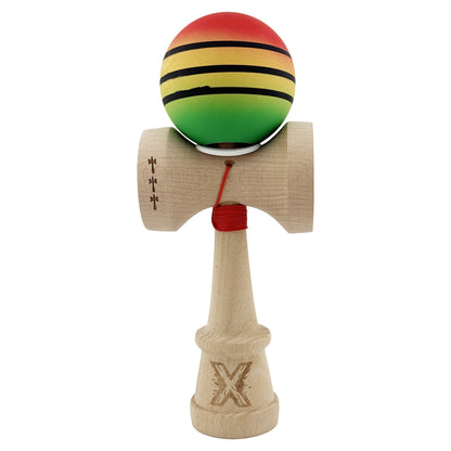 Kendama X Originala, Profesionala, Klevo, Rubber Grip, Cupe Mari KING SIZE V3, Gaura in Baza, Rulment Metalic, din lemn 18 cm, Ata 62/65 cm, Special Rosu/Galben/Verde