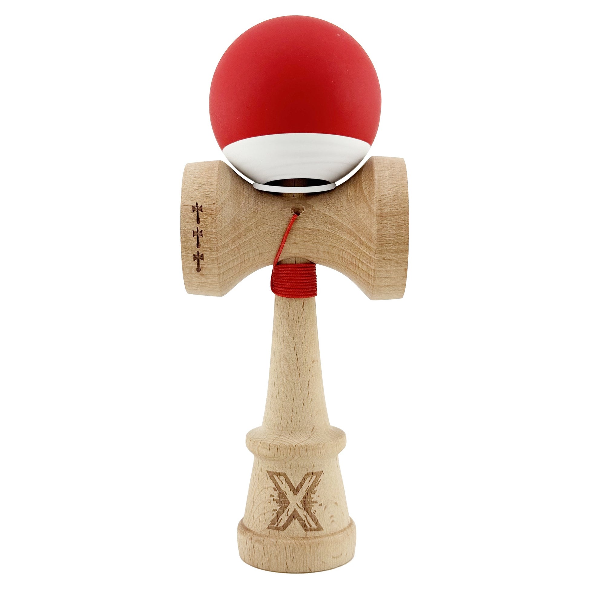 Kendama X Originala, Profesionala, Klevo, Rubber Grip, Cupe Mari KING SIZE V3, Gaura in Baza, Rulment Metalic, din lemn 18 cm, Ata 62/65 cm, Bicolor Rosu/Alb