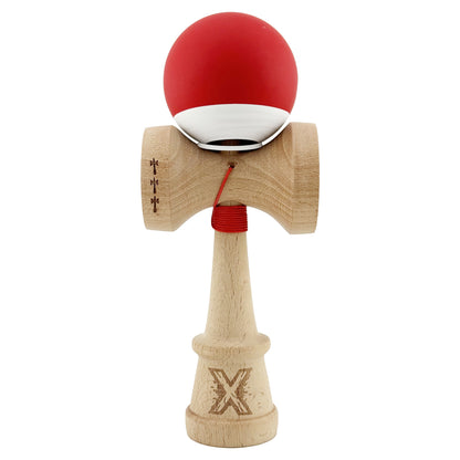 Kendama X Originala, Profesionala, Klevo, Rubber Grip, Cupe Mari KING SIZE V3, Gaura in Baza, Rulment Metalic, din lemn 18 cm, Ata 62/65 cm, Bicolor Rosu/Alb