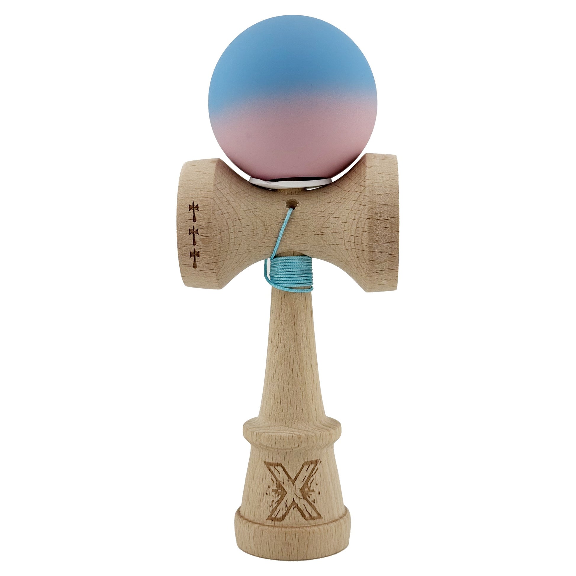 Kendama X Originala, Profesionala, Klevo, Rubber Grip, Cupe Mari KING SIZE V3, Gaura in Baza, Rulment Metalic, din lemn 18 cm, Ata 62/65 cm, Gradient Albastru/Roz