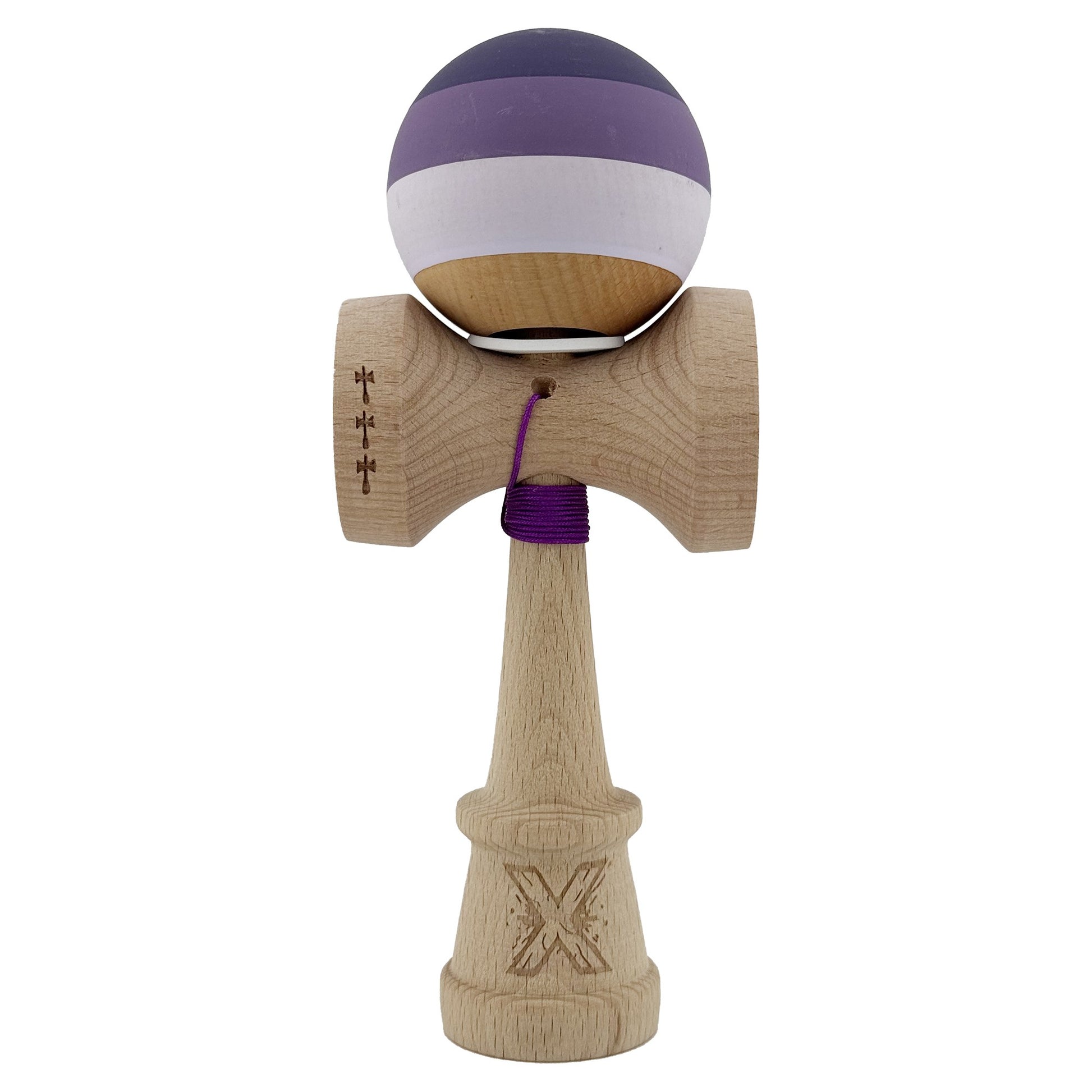 Kendama X Originala, Profesionala, Klevo, Rubber Grip, Cupe Mari KING SIZE V3, Gaura in Baza, Rulment Metalic, din lemn 18 cm, Ata 62/65 cm, Special Purpuriu/Mov/Lila