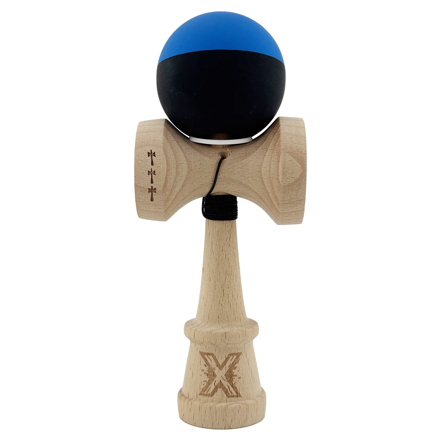 Kendama X Originala, Profesionala, Klevo, Rubber Grip, Cupe Mari KING SIZE V3, Gaura in Baza, Rulment Metalic, din lemn 18 cm, Ata 62/65 cm, Bicolor Albastru/Negru
