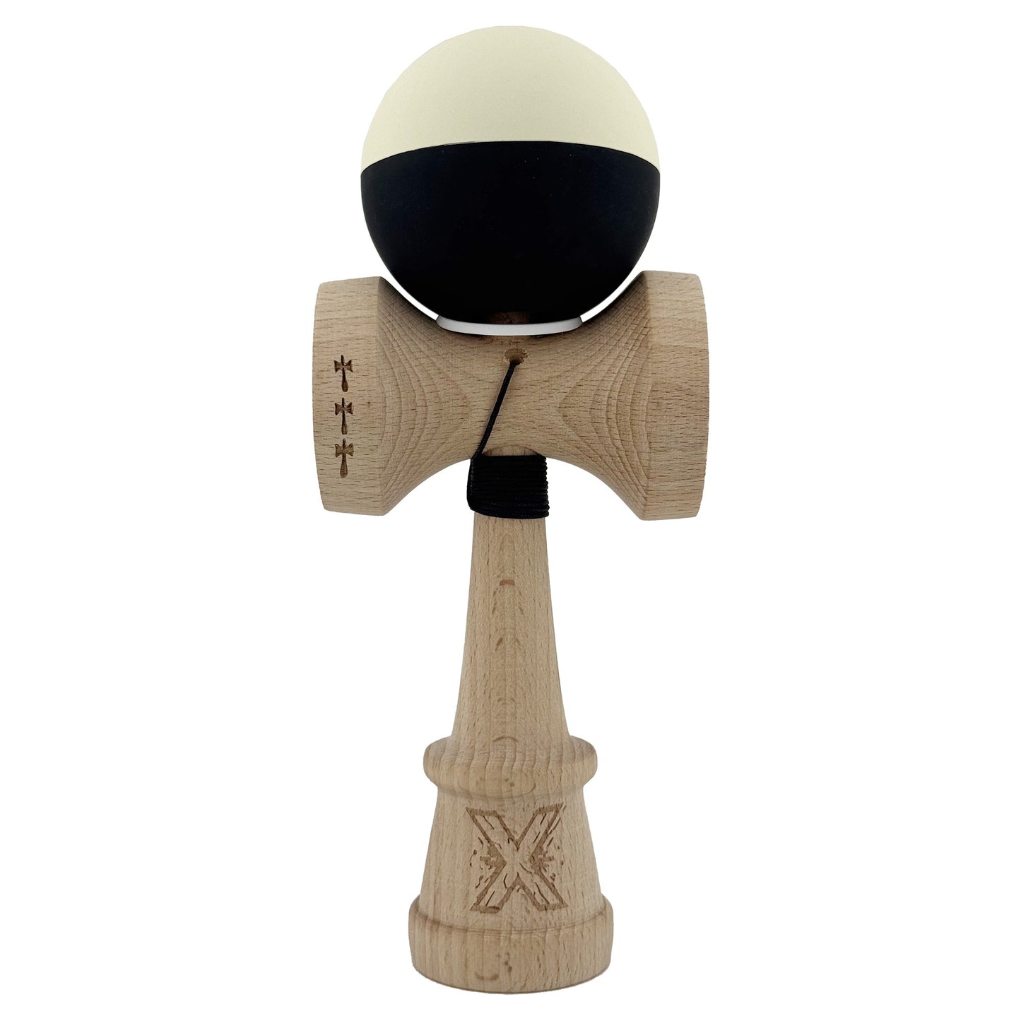 Kendama X Originala, Profesionala, Klevo, Rubber Grip, Cupe Mari KING SIZE V3, Gaura in Baza, Rulment Metalic, din lemn 18 cm, Ata 62/65 cm, Bicolor Galben/Negru