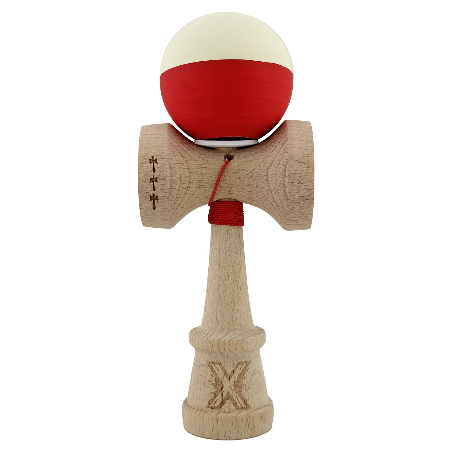 Kendama X Originala, Profesionala, Klevo, Rubber Grip, Cupe Mari KING SIZE V3, Gaura in Baza, Rulment Metalic, din lemn 18 cm, Ata 62/65 cm, Bicolor Galben/Rosu