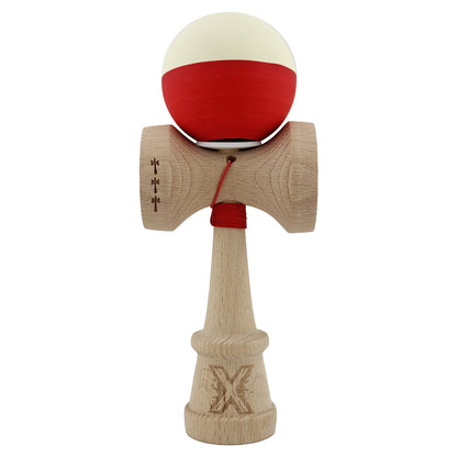 Kendama X Originala, Profesionala, Klevo, Rubber Grip, Cupe Mari KING SIZE V3, Gaura in Baza, Rulment Metalic, din lemn 18 cm, Ata 62/65 cm, Bicolor Galben/Rosu