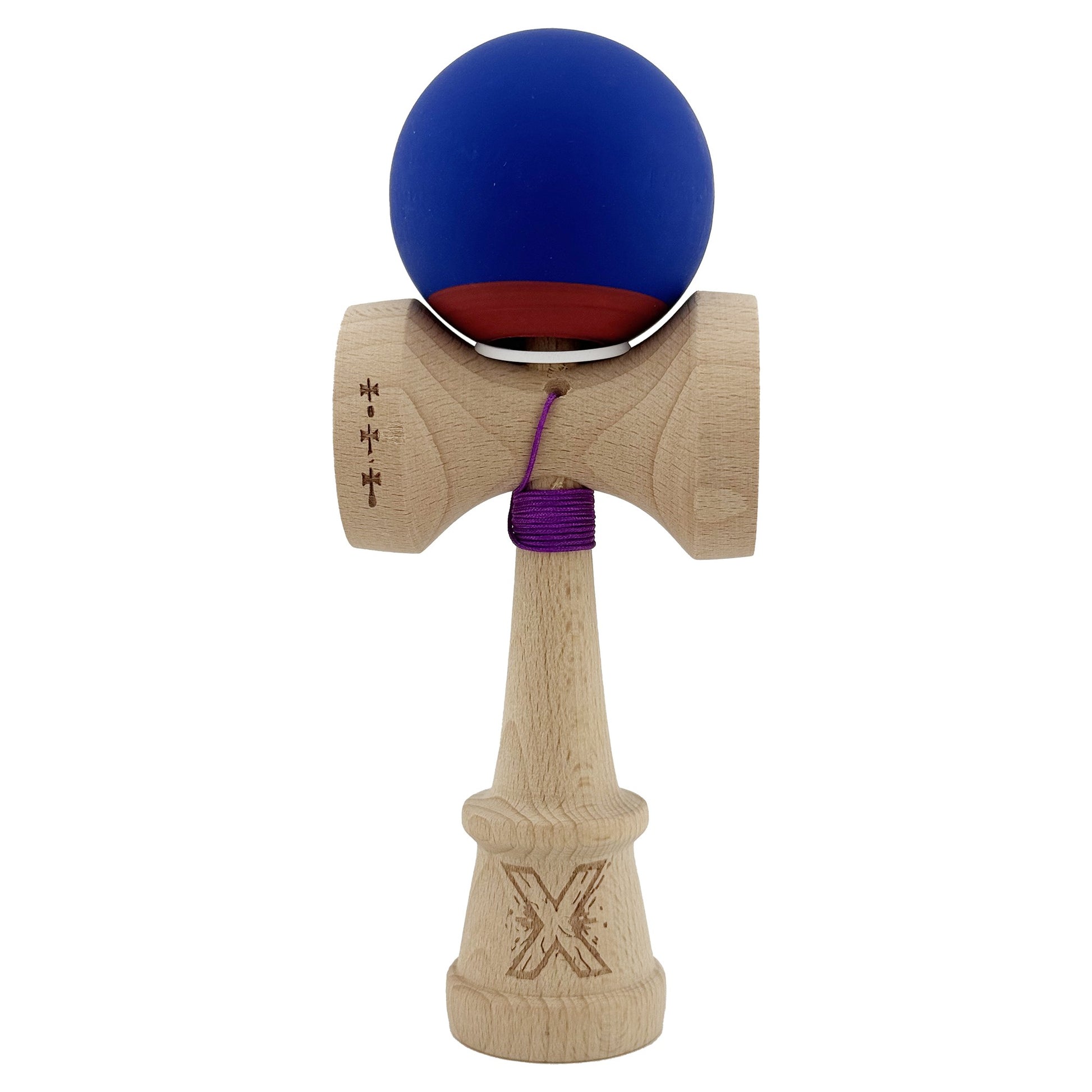 Kendama X Originala, Profesionala, Klevo, Rubber Grip, Cupe Mari KING SIZE V3, Gaura in Baza, Rulment Metalic, din lemn 18 cm, Ata 62/65 cm, Bicolor Albastru inchis/Rosu