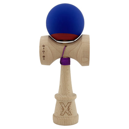 Kendama X Originala, Profesionala, Klevo, Rubber Grip, Cupe Mari KING SIZE V3, Gaura in Baza, Rulment Metalic, din lemn 18 cm, Ata 62/65 cm, Bicolor Albastru inchis/Rosu