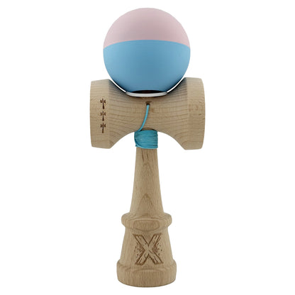 Kendama X Originala, Profesionala, Klevo, Rubber Grip, Cupe Mari KING SIZE V3, Gaura in Baza, Rulment Metalic, din lemn 18 cm, Ata 62/65 cm, Bicolor Roz/Bleu