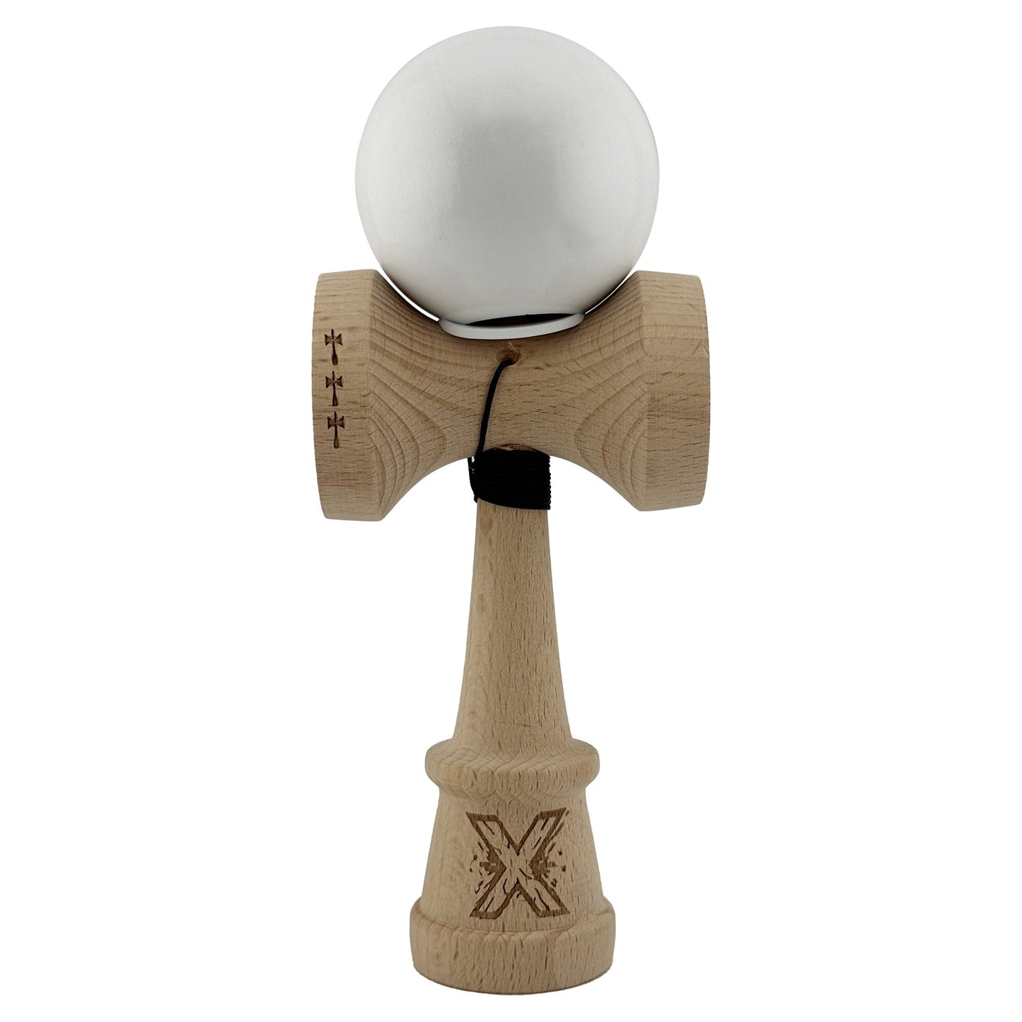 Kendama X Originala, Profesionala, Klevo, Rubber Grip, Cupe Mari KING SIZE V3, Gaura in Baza, Rulment Metalic, din lemn 18 cm, Ata 62/65 cm, Special Alb