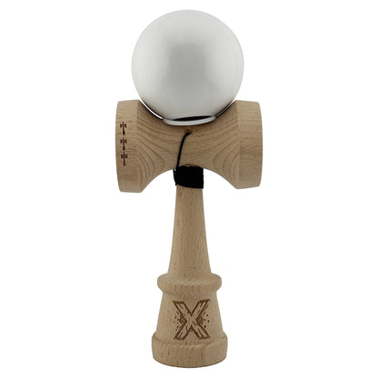 Kendama X Originala, Profesionala, Klevo, Rubber Grip, Cupe Mari KING SIZE V3, Gaura in Baza, Rulment Metalic, din lemn 18 cm, Ata 62/65 cm, Special Alb