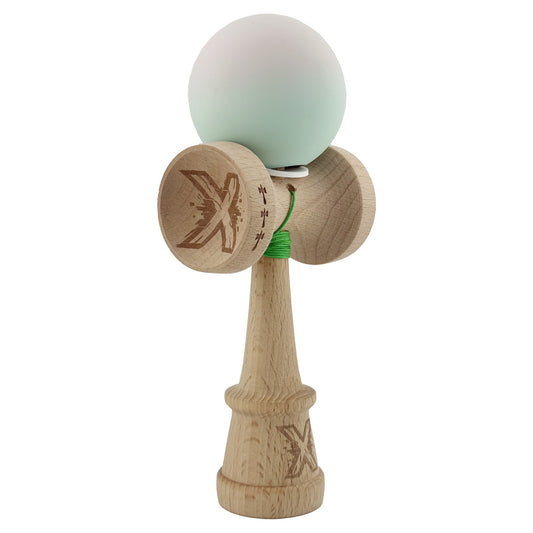 Kendama X Originala, Profesionala, Klevo, Rubber Grip, Cupe Mari KING SIZE V3, Gaura in Baza, Rulment Metalic, din lemn 18 cm, Ata 62/65 cm, Gradient Roz/Verde