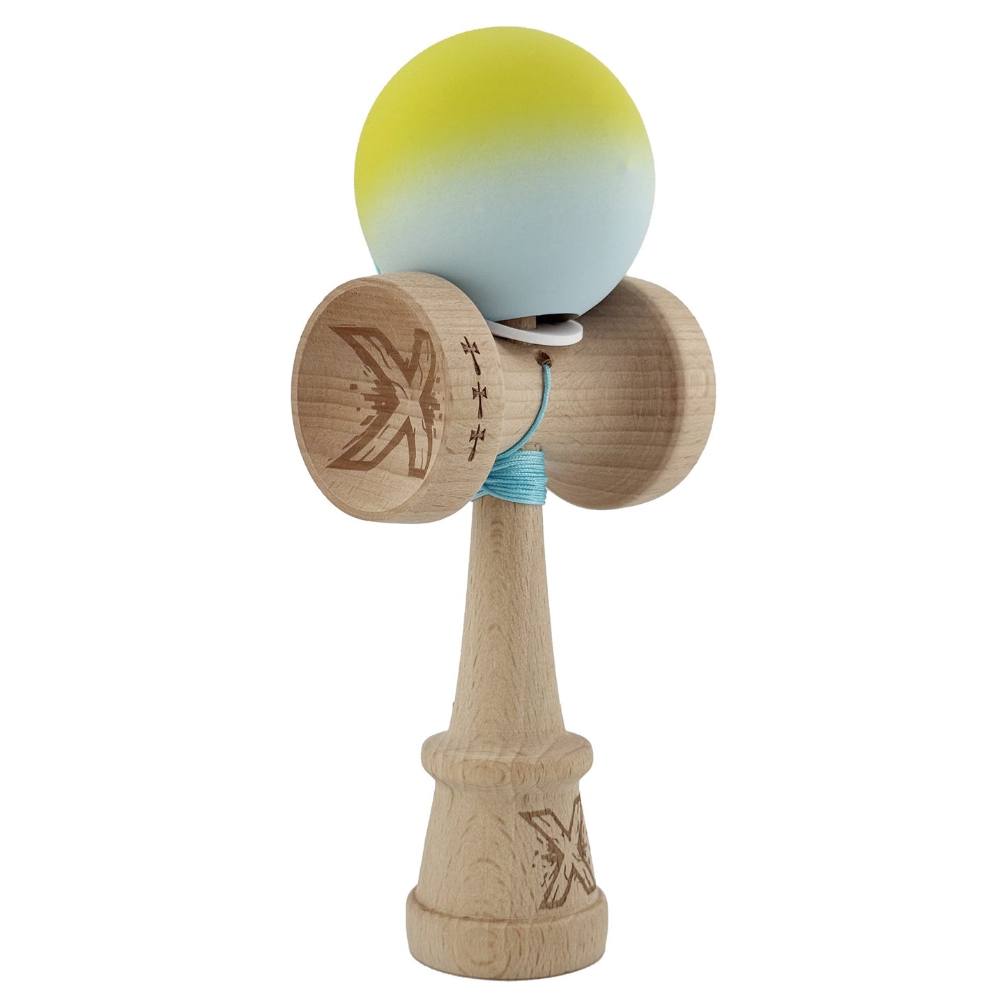 Kendama X Originala, Profesionala, Klevo, Rubber Grip, Cupe Mari KING SIZE V3, Gaura in Baza, Rulment Metalic, din lemn 18 cm, Ata 62/65 cm, Gradient Galben/Verde deschis
