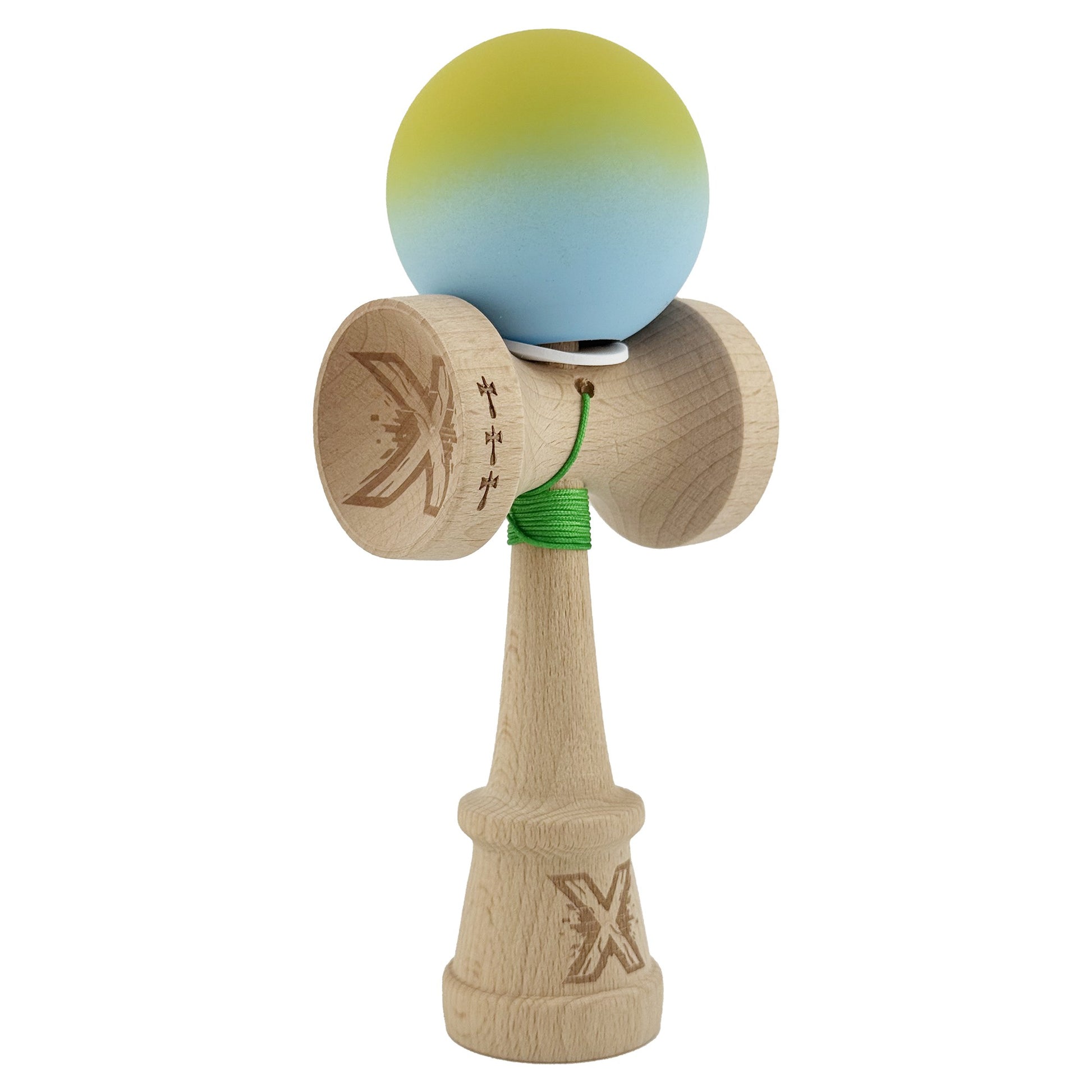 Kendama X Originala, Profesionala, Klevo, Rubber Grip, Cupe Mari KING SIZE V3, Gaura in Baza, Rulment Metalic, din lemn 18 cm, Ata 62/65 cm, Gradient Galben/Albastru deschis