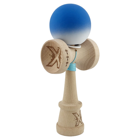 Kendama X Originala, Profesionala, Klevo, Rubber Grip, Cupe Mari KING SIZE V3, Gaura in Baza, Rulment Metalic, din lemn 18 cm, Ata 62/65 cm, Gradient Albastru/Alb