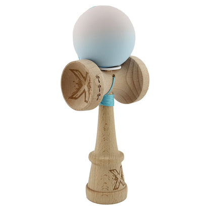 Kendama X Originala, Profesionala, Klevo, Rubber Grip, Cupe Mari KING SIZE V3, Gaura in Baza, Rulment Metalic, din lemn 18 cm, Ata 62/65 cm, Gradient Lila/Turcoaz