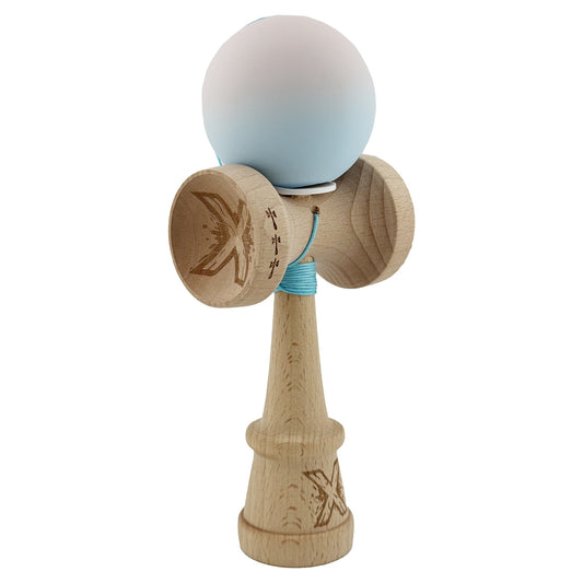 Kendama X Originala, Profesionala, Klevo, Rubber Grip, Cupe Mari KING SIZE V3, Gaura in Baza, Rulment Metalic, din lemn 18 cm, Ata 62/65 cm, Gradient Lila/Turcoaz