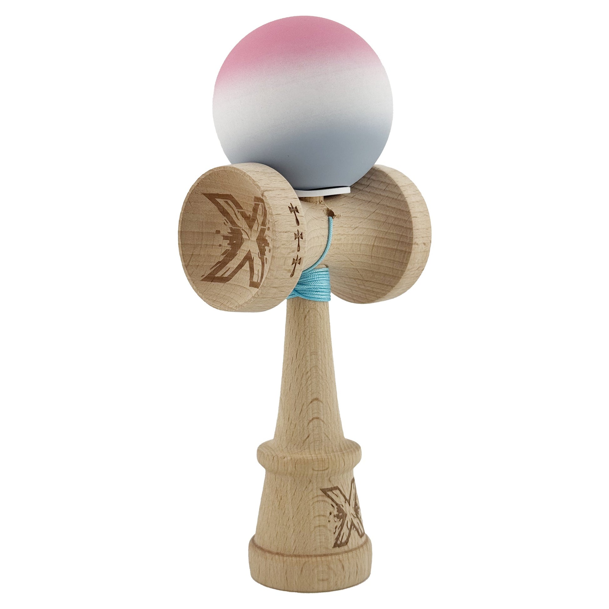Kendama X Originala, Profesionala, Klevo, Rubber Grip, Cupe Mari KING SIZE V3, Gaura in Baza, Rulment Metalic, din lemn 18 cm, Ata 62/65 cm, Gradient Roz/Alb/Gri
