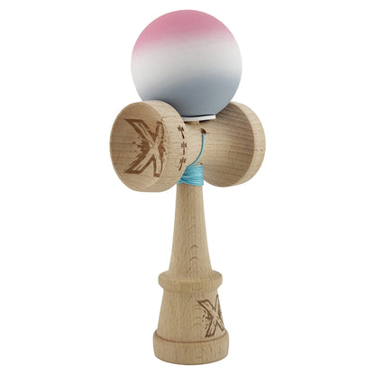 Kendama X Originala, Profesionala, Klevo, Rubber Grip, Cupe Mari KING SIZE V3, Gaura in Baza, Rulment Metalic, din lemn 18 cm, Ata 62/65 cm, Gradient Roz/Alb/Gri