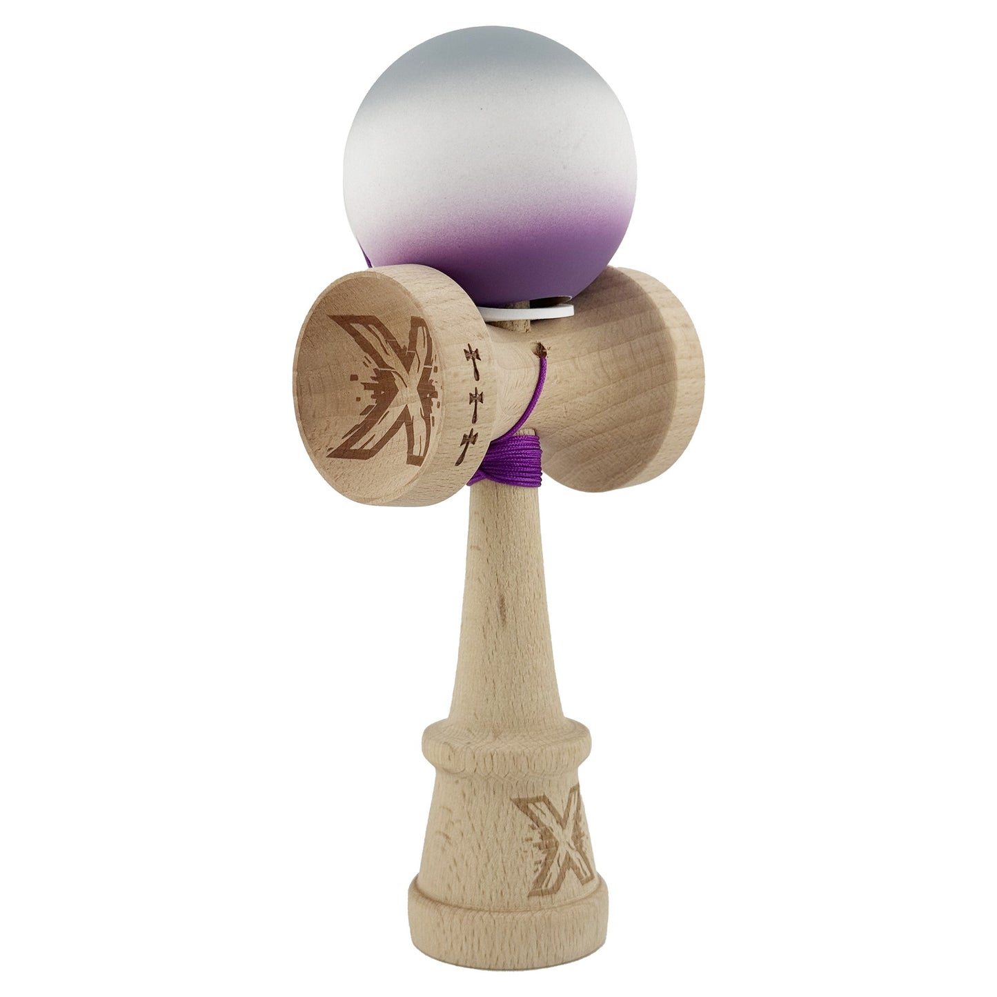 Kendama X Originala, Profesionala, Klevo, Rubber Grip, Cupe Mari KING SIZE V3, Gaura in Baza, Rulment Metalic, din lemn 18 cm, Ata 62/65 cm, Gradient Gri/Alb/Mov