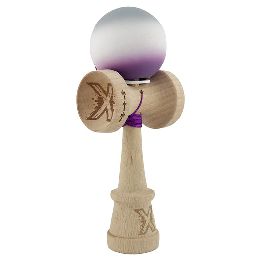 Kendama X Originala, Profesionala, Klevo, Rubber Grip, Cupe Mari KING SIZE V3, Gaura in Baza, Rulment Metalic, din lemn 18 cm, Ata 62/65 cm, Gradient Gri/Alb/Mov