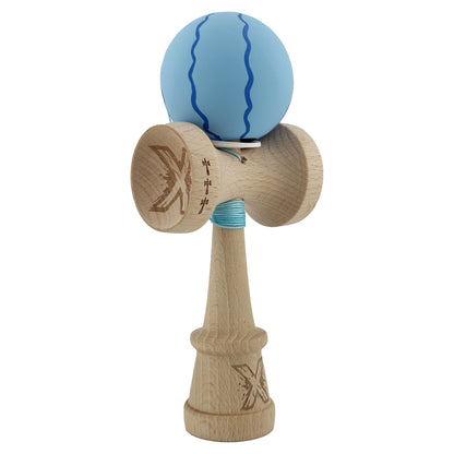 Kendama X Originala, Profesionala, Klevo, Rubber Grip, Cupe Mari KING SIZE V3, Gaura in Baza, Rulment Metalic, din lemn 18 cm, Ata 62/65 cm, Special Albastru deschis