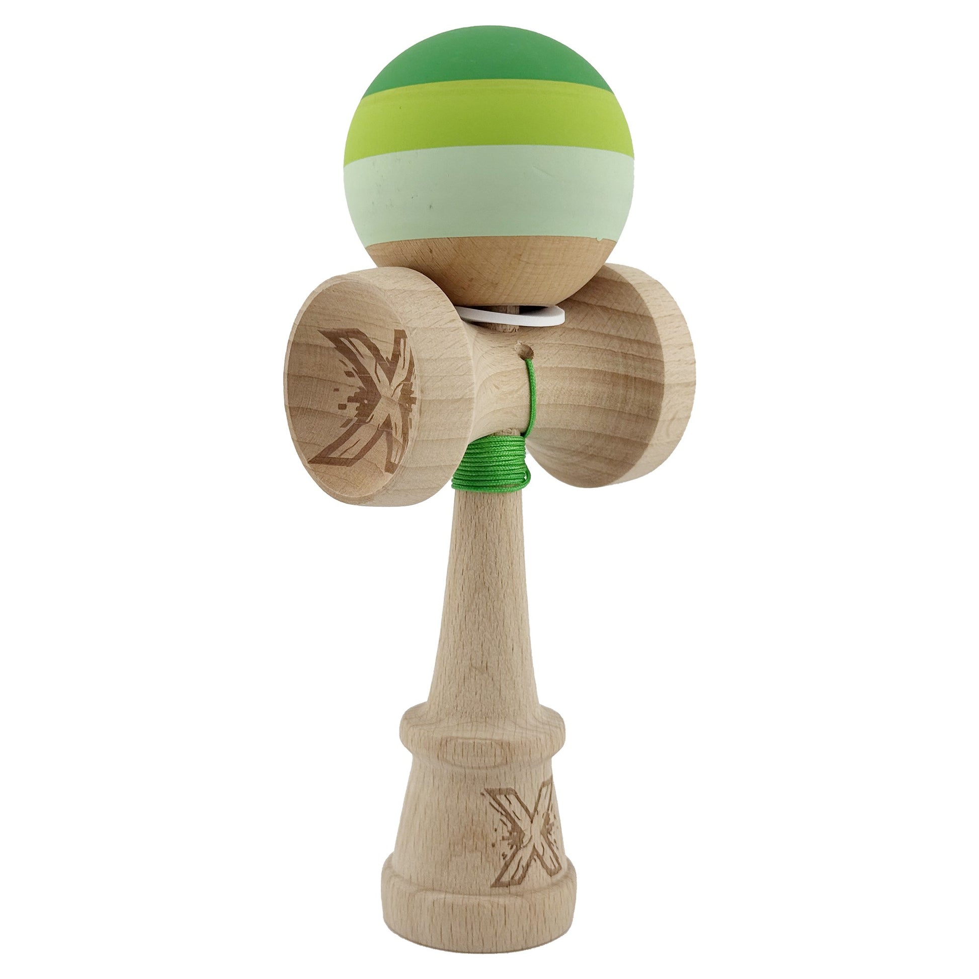 Kendama X Originala, Profesionala, Klevo, Rubber Grip, Cupe Mari KING SIZE V3, Gaura in Baza, Rulment Metalic, din lemn 18 cm, Ata 62/65 cm, Special Verde degrade