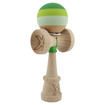 Kendama X Originala, Profesionala, Klevo, Rubber Grip, Cupe Mari KING SIZE V3, Gaura in Baza, Rulment Metalic, din lemn 18 cm, Ata 62/65 cm, Special Verde degrade