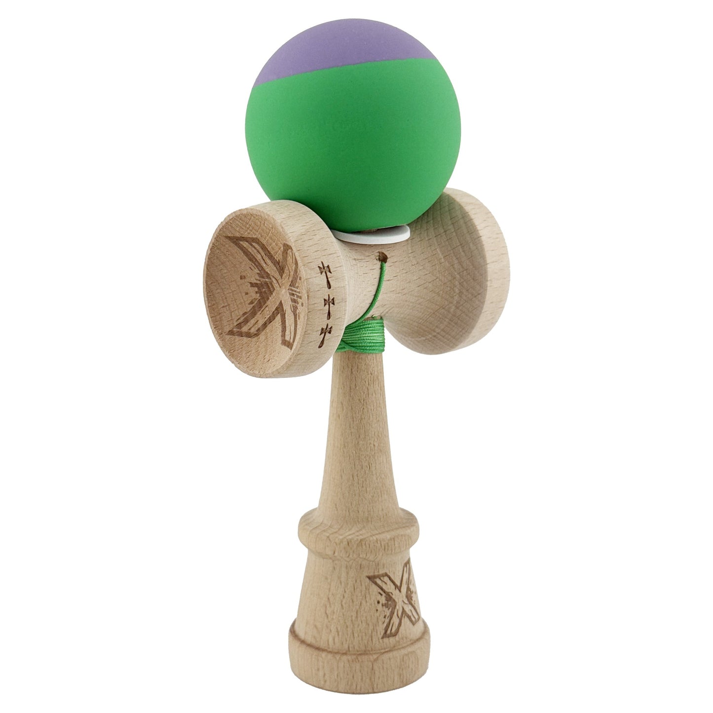 Kendama X Originala, Profesionala, Klevo, Rubber Grip, Cupe Mari KING SIZE V3, Gaura in Baza, Rulment Metalic, din lemn 18 cm, Ata 62/65 cm, Bicolor Mov/Verde