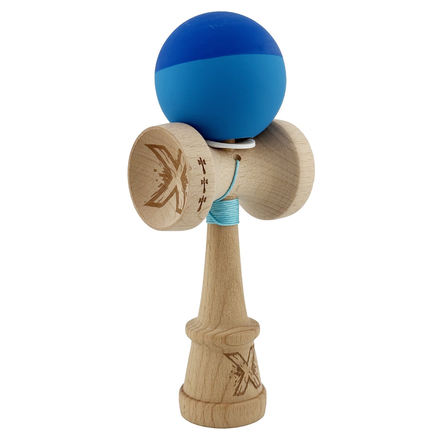 Kendama X Originala, Profesionala, Klevo, Rubber Grip, Cupe Mari KING SIZE V3, Gaura in Baza, Rulment Metalic, din lemn 18 cm, Ata 62/65 cm, Bicolor Albastru/Albastru deschis