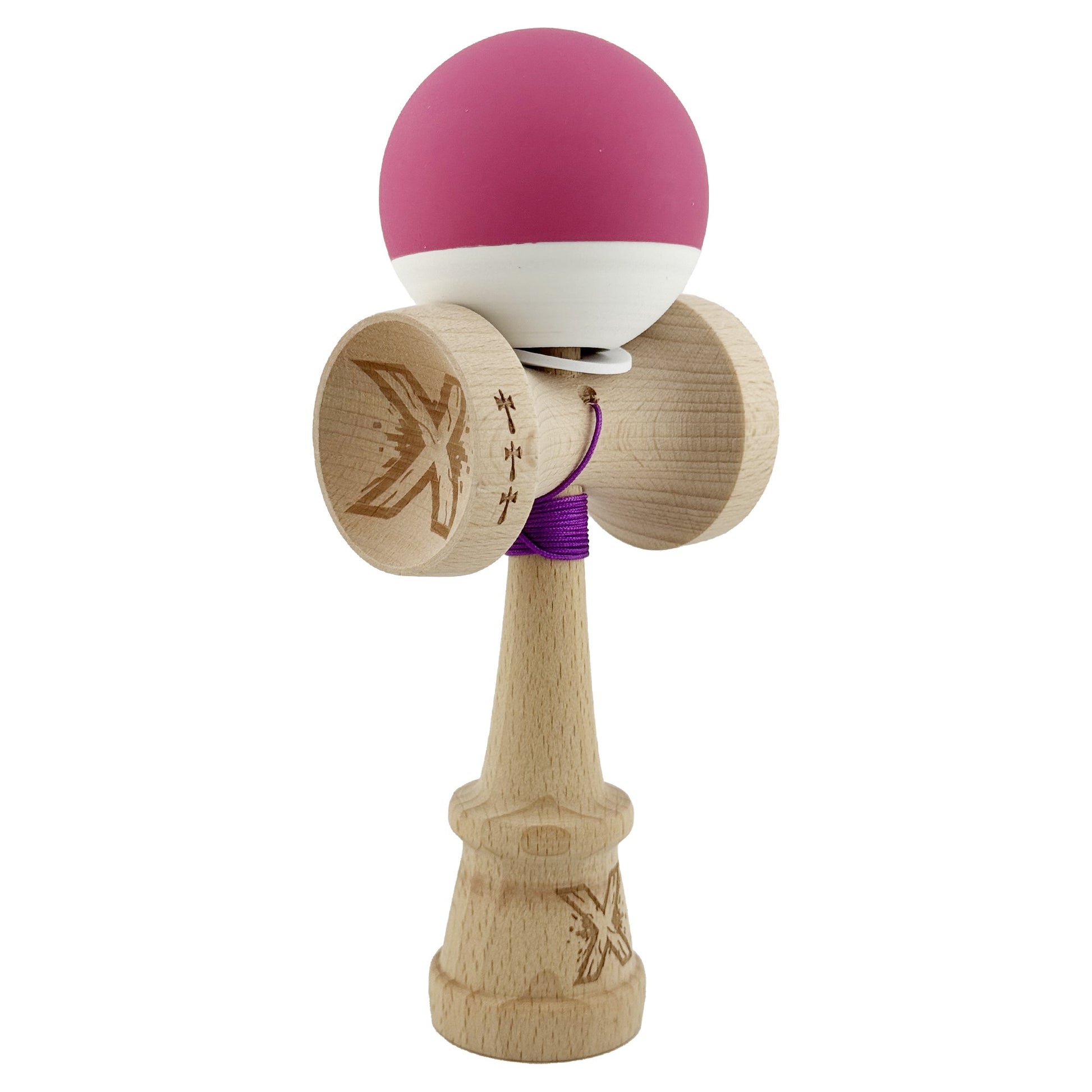 Kendama X Originala, Profesionala, Klevo, Rubber Grip, Cupe Mari KING SIZE V3, Gaura in Baza, Rulment Metalic, din lemn 18 cm, Ata 62/65 cm, Bicolor Roz inchis/Alb