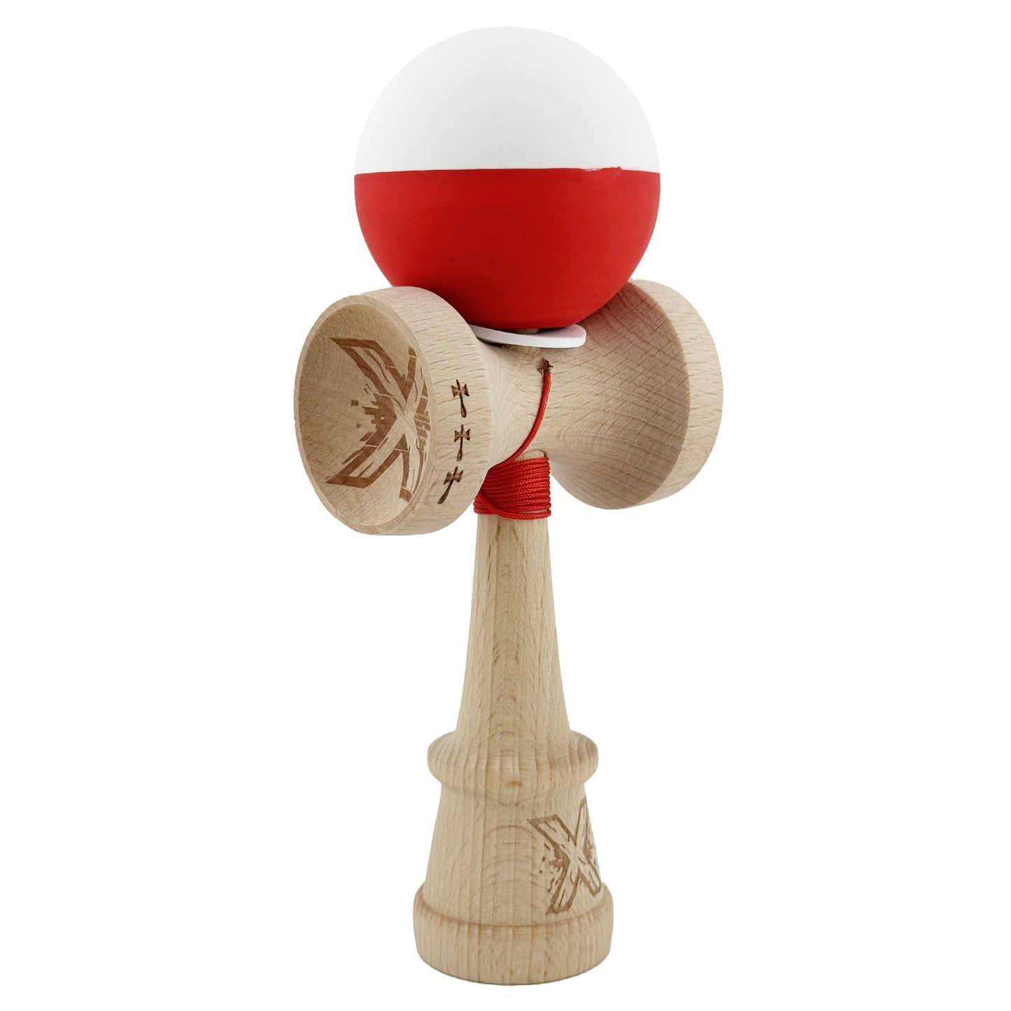 Kendama X Originala, Profesionala, Klevo, Rubber Grip, Cupe Mari KING SIZE V3, Gaura in Baza, Rulment Metalic, din lemn 18 cm, Ata 62/65 cm, Bicolor Alb/Rosu