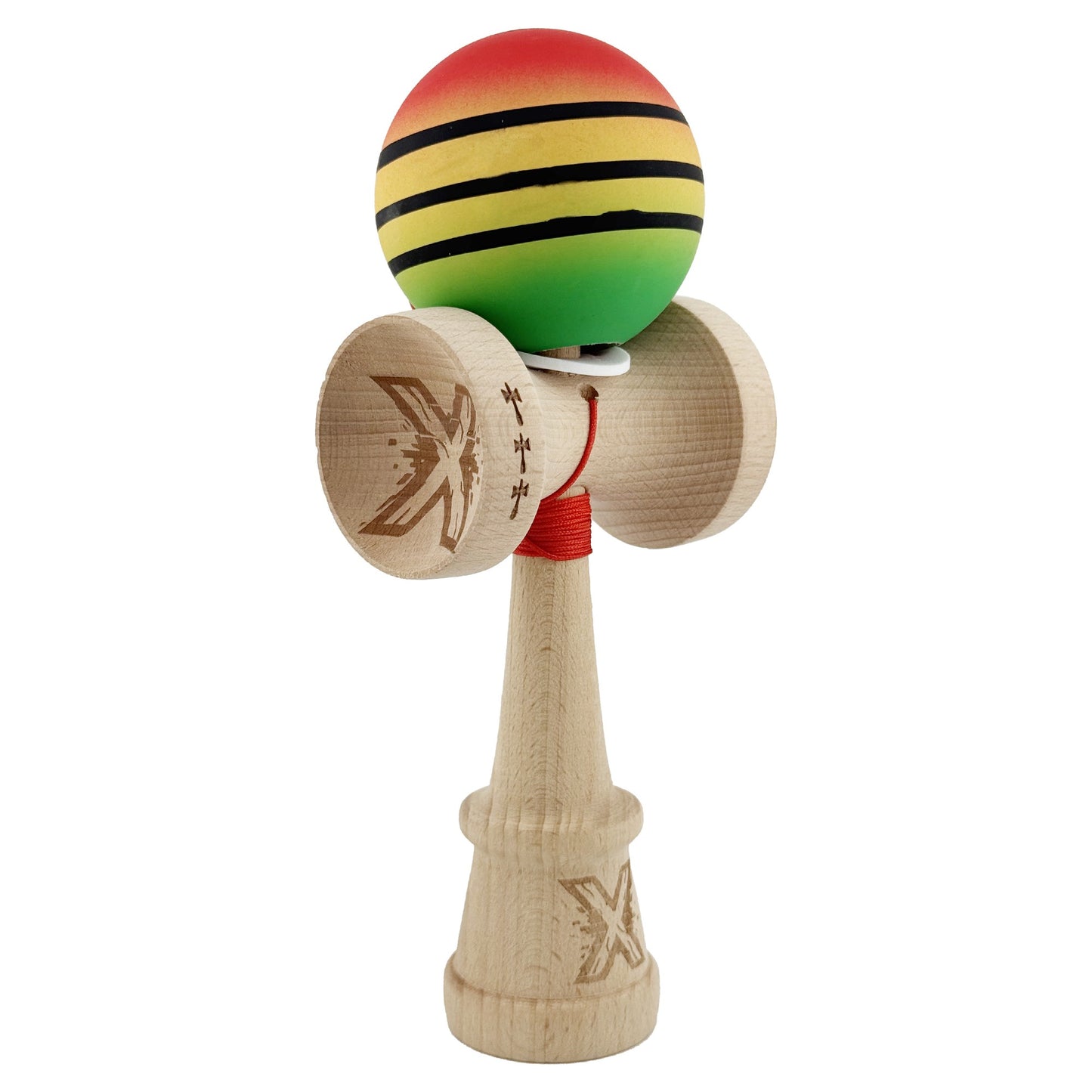 Kendama X Originala, Profesionala, Klevo, Rubber Grip, Cupe Mari KING SIZE V3, Gaura in Baza, Rulment Metalic, din lemn 18 cm, Ata 62/65 cm, Special Rosu/Galben/Verde