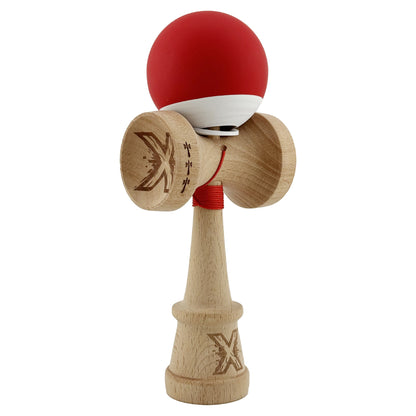 Kendama X Originala, Profesionala, Klevo, Rubber Grip, Cupe Mari KING SIZE V3, Gaura in Baza, Rulment Metalic, din lemn 18 cm, Ata 62/65 cm, Bicolor Rosu/Alb