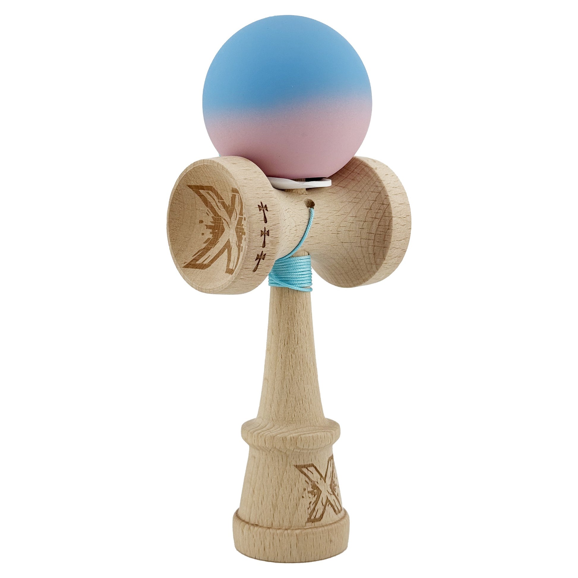 Kendama X Originala, Profesionala, Klevo, Rubber Grip, Cupe Mari KING SIZE V3, Gaura in Baza, Rulment Metalic, din lemn 18 cm, Ata 62/65 cm, Gradient Albastru/Roz