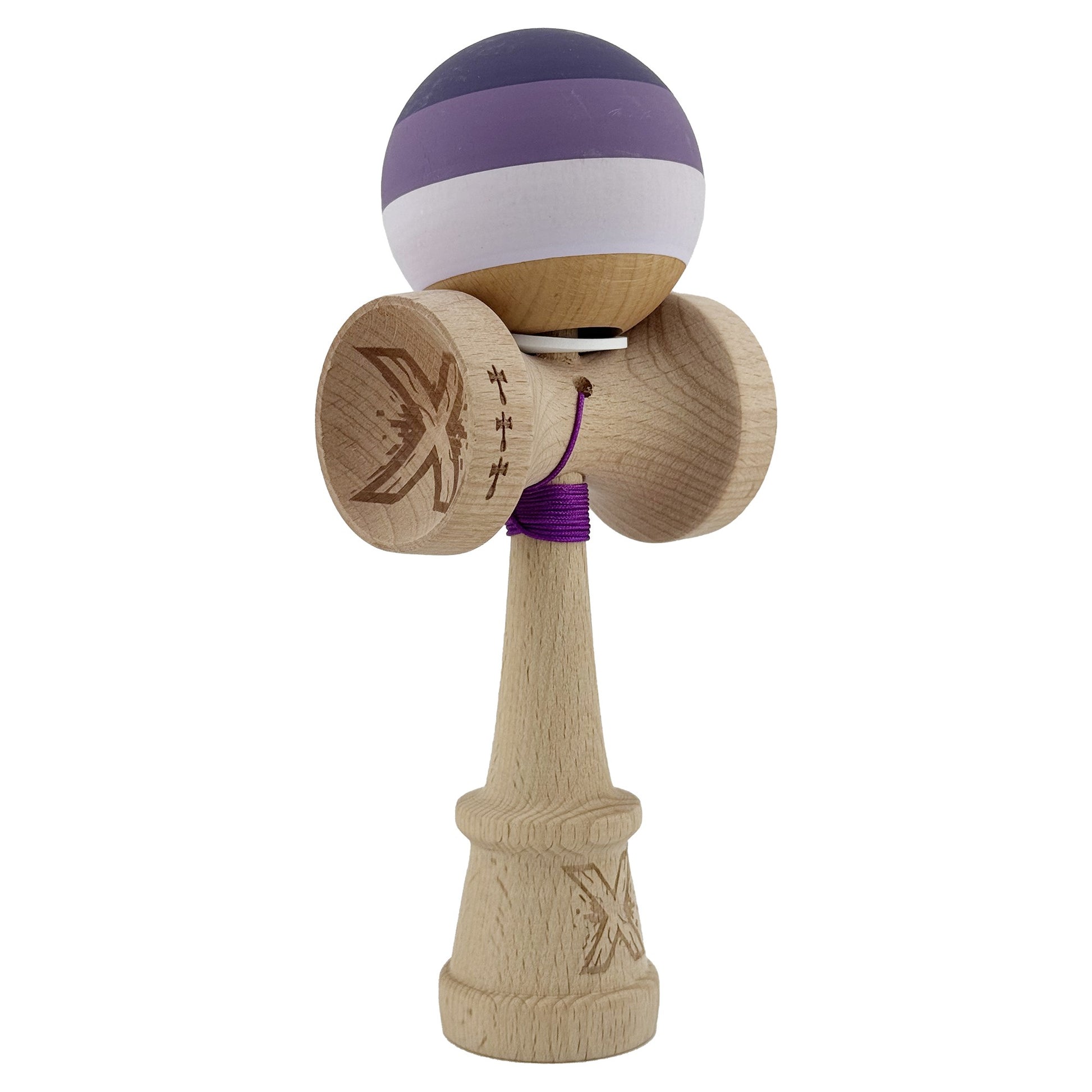 Kendama X Originala, Profesionala, Klevo, Rubber Grip, Cupe Mari KING SIZE V3, Gaura in Baza, Rulment Metalic, din lemn 18 cm, Ata 62/65 cm, Special Purpuriu/Mov/Lila