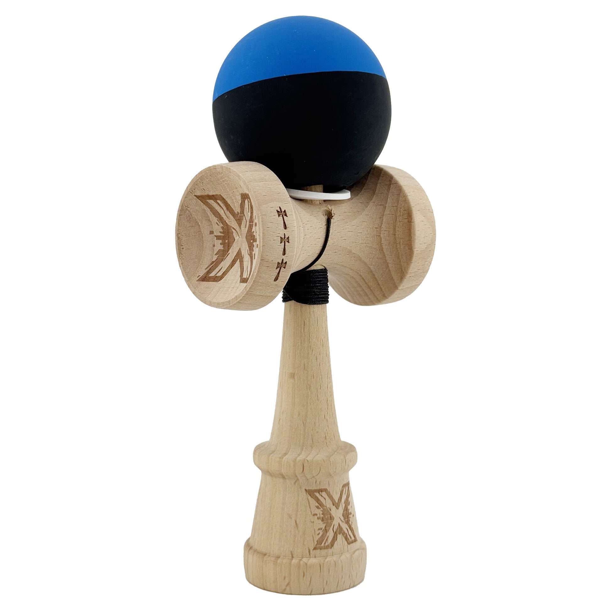 Kendama X Originala, Profesionala, Klevo, Rubber Grip, Cupe Mari KING SIZE V3, Gaura in Baza, Rulment Metalic, din lemn 18 cm, Ata 62/65 cm, Bicolor Albastru/Negru