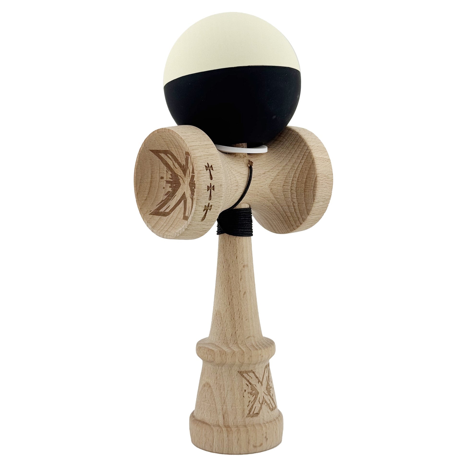 Kendama X Originala, Profesionala, Klevo, Rubber Grip, Cupe Mari KING SIZE V3, Gaura in Baza, Rulment Metalic, din lemn 18 cm, Ata 62/65 cm, Bicolor Galben/Negru