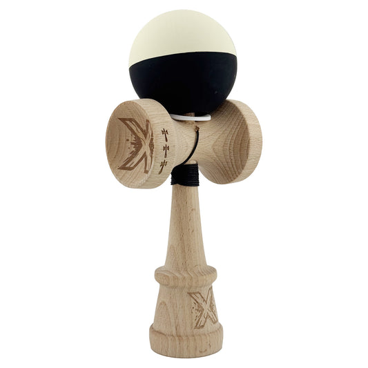 Kendama X Originala, Profesionala, Klevo, Rubber Grip, Cupe Mari KING SIZE V3, Gaura in Baza, Rulment Metalic, din lemn 18 cm, Ata 62/65 cm, Bicolor Galben/Negru